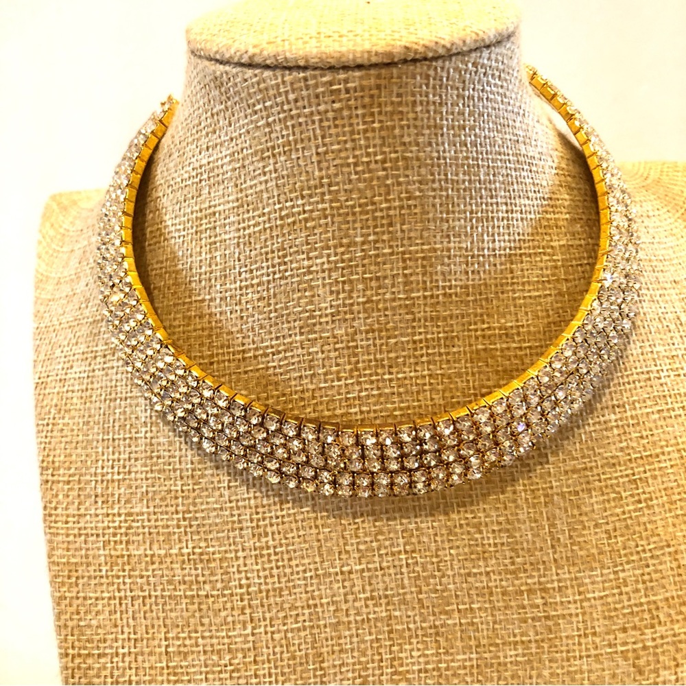 NWOT Gold Tone torque collar necklace w/ five rows clear rhinestones- Sparkles!!